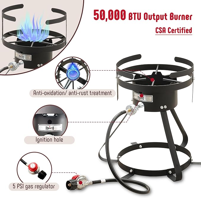 10 Qt Aluminum Outdoor Propane Gas Fish Fryer Pot Kit with Strainer Basket, 50,000 BTU Burner, Adjustable 0-5 PSI Regulator, Perfect for Boiling and Frying