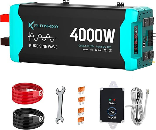4000W Pure Sine Wave Inverter 12V DC to 120V AC for RV, Truck, Off-Grid, Home, Solar Car Power Inverter with Dual AC Hardwire Port, 20A Socket, 5V 2.1A USB