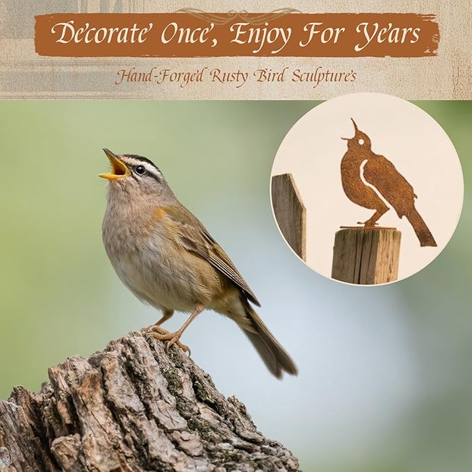 Rusty Bird Decor, Metal Yard Art, Yard Decorations Outdoor, Metal Bird Wall Art, Fence Decorations Outdoor, Rustic Garden Decor, Garden Sculptures Statues, Bird Lover Gifts (Pack of 5)