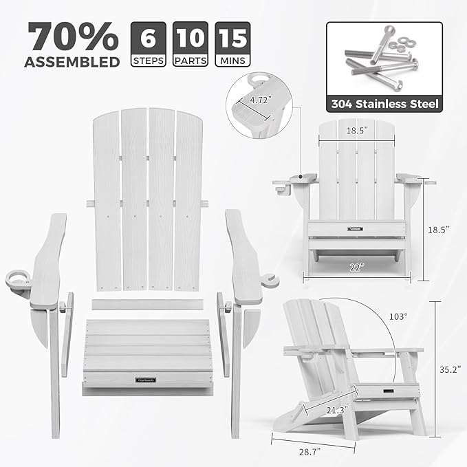 Folding Adirondack Chair with Wood Texture, HDPE All-Weather Fire Pit Chairs, Plastic Adirondack Chairs with 2 Cup Holder, Outdoor Lawn Chair for Patio Garden (White)