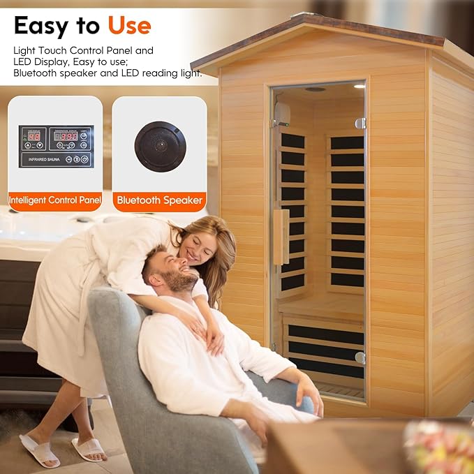 Outdoor Sauna 2 Person Far Infrared Saunas Dry Home Sauna Room Hemlock 1 to 2 Person Wood Sauna 1950W/110V Low EMF with Speaker, Reading Light, Cup Holder and Towel Rack - 47 * 39 * 82 in