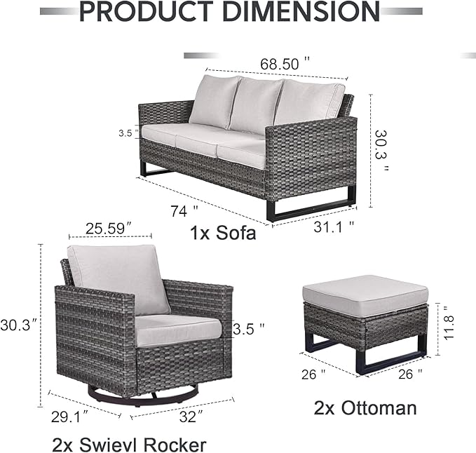 5 Piece Wicker Patio Furniture Set - Outdoor Swivel Rocker Chairs Set with 3 Seat Sofa and Ottomans, Small Patio Conversation Sets Proch Furniture for Balcony Deck - Grey/Beige