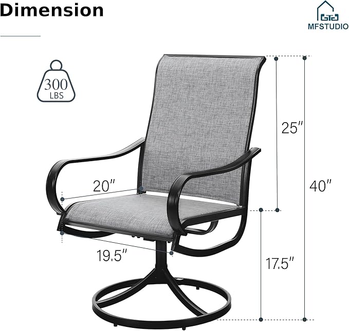 MFSTUDIO Outdoor Swivel Patio Dining Chairs Set of 2, High Back Breathable Textilene Patio Chairs for Balcony, Backyard, Deck, Garden (Light Grey Fabric, Black Frame)