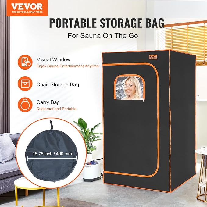 VEVOR Portable Steam Sauna Tent Full Size, 1200W with Visible Window, Personal Sauna Blanket Kit for Home Spa,Heated Body Therapy,Time&Temperature Remote Control with Chair,Black, 2.9’x 2.9’x 5.2’