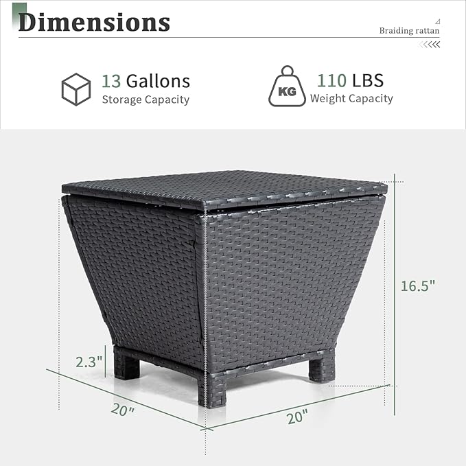 Outvita Outdoor Side Table, Rattan Coffee Table with Storage 13 Gallon Patio Small Deck Storage Box for Cushion Towel Books, Brown Side Table with lid