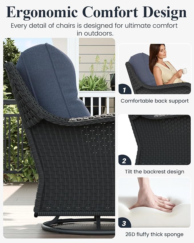 LayinSun 10 Piece Wicker Outdoor Furniture Set with 6-inch Comfy Cushions, High Back Patio Furniture Set with Swivel Rocking Chairs and Fire Pit Table
