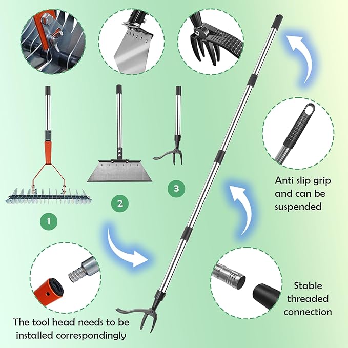 Manual Weed pullerTool,Heavy Duty 12''Flat Shovel, 14''Steel Metal Thatch Rake with Adjustable Long Handle for Leaf & Moss & Edging & Ice & Snow Removal in Lawn,Driveways, Patios, Garden Cracks