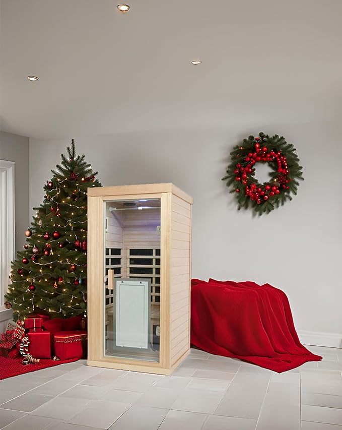 1 Person Infrared Sauna Indoor Sauna Room for Home, 8pcs Infrared Carbon Heating Panels, Hemlock Personal Saunas with Clothing Hanging Rod, LCD Display, Blue-Tooth, LED Reading Lamp