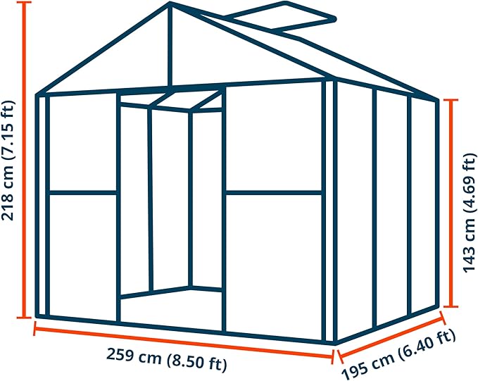 Greenhouse Saphir 3 Aluminum Frame 8.5 x 6.4 ft Approx. 8 mm Polycarbonate Panels - with Bonus Base Frame and Automatic Vent Opener