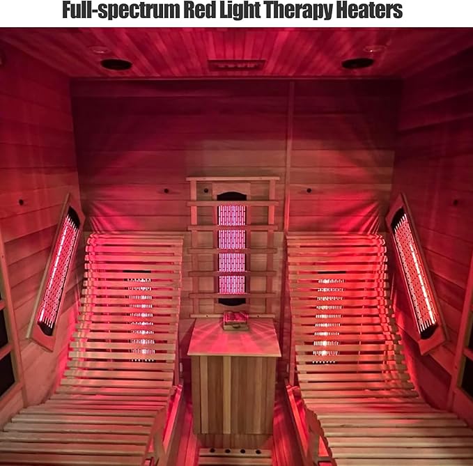 Smartmak Full Spectrum Infrared 2 Person Sauna Room for Home, Red Light Therapy Luxury Recliner Wood Indoor Saunas, Canadian Hemlock Dry Spa Room, 3400W with 10 Heaters, Speakers, Lights, Oxygen Bar