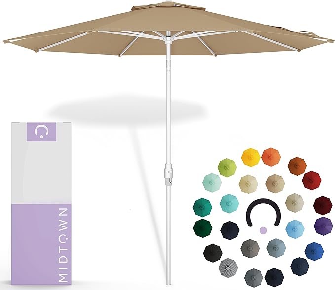 Midtown Umbrellas The Swilt 10 Feet Patio Umbrella in Sunbrella Heather Tan Acrylic Fabric - Fiberglass Ribs, Auto-Tilt Aluminum Frame For Backyard, Deck, Garden, Pool - White Pole