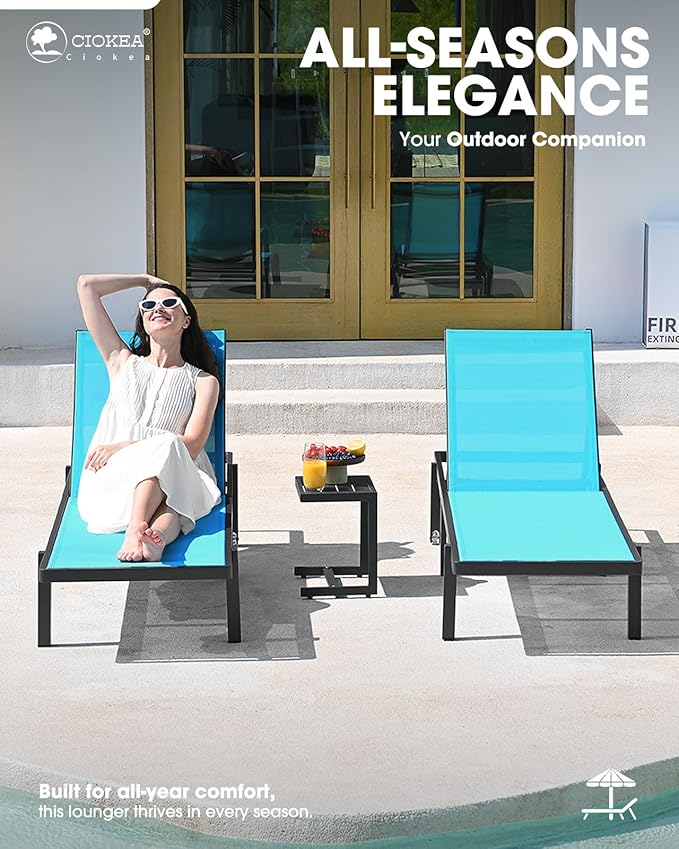 Aluminum Chaise Lounge Chair Outdoor with Wheels, Patio Lounge Chair with Adjustable 5-Position Recliner and Full Flat Tanning Chair for Patio, Beach, Pool, Lake Blue