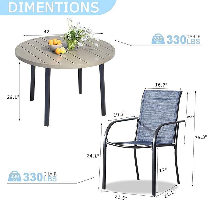 5 Pieces Round Dining Table Set for 4, Patio Dining Set Includes 4 Blue Stackable Patio Chairs and 1 Honey Oak Round Table, Patio Furniture Sets with Sling Support for Outside, Garden
