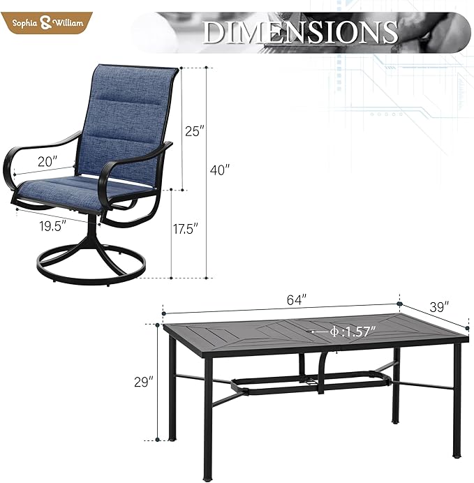 Sophia & William 7 Pieces Outdoor Patio Dining Set, 6 x Swivel Patio Dining Chairs and 64" Metal Dining Table, Outdoor Table and Chair Furniture Dining Set Support 300lbs（Blue）