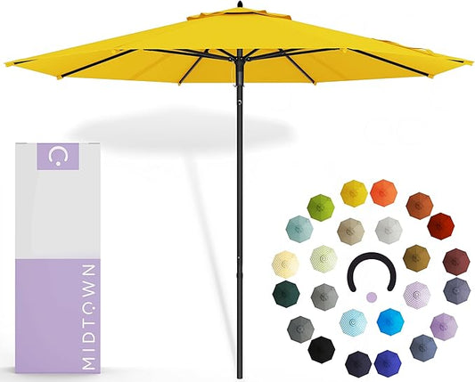 Midtown Umbrellas Push and Pop 10 Feet Outdoor Umbrella, Sunflower (Yellow) Polyester Fabric - Fiberglass Ribs Deck Patio Umbrella, Backyard Umbrella, Garden Umbrella & Pool Umbrella - Black Pole
