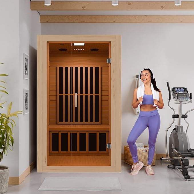 SteamSpa 1-2 Person Low EMF Carbon FAR Infrared Hemlock Wood and Tempered Glass Indoor Home Sauna Room with LED Touch Control Panel, Color LED Therapy Light, Bluetooth Speaker