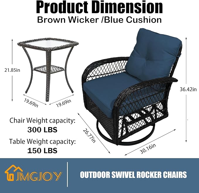 Patio Furniture Set Swivel Rocker, Outdoor Patio Chairs, 3 Piece Suit Porch Furniture Rocking Set, Backyard and Garden Rocker Rattan Chair, with Thickened Cushions and Glass Coffee Table(Navy)