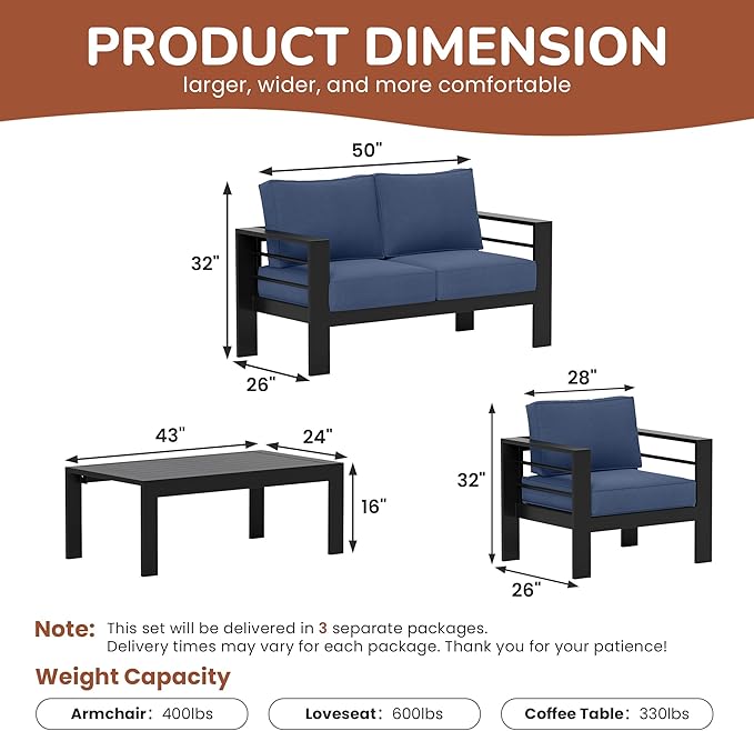 Solaste Outdoor Aluminum Furniture Set - 4 Pieces Patio Sectional Chat Sofa Conversation Set with Table,Black Frame and Blue Cushion