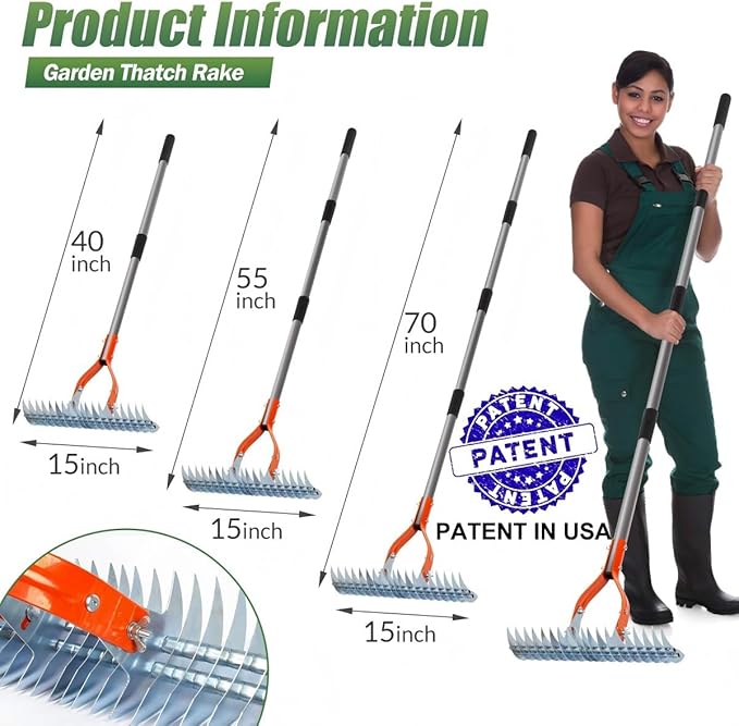 Thatch Rake for Lawn - 40" to 70" Adjustable Dethatching Rake, Heavy Duty Metal Thatching Tool for Turf Garden Maintenance