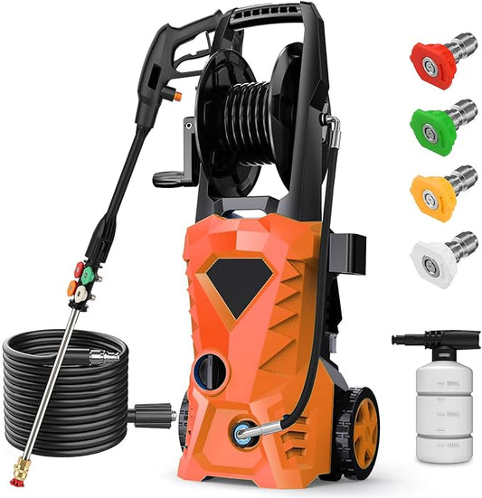 5000PSI Pressure Cleaner - 2025 New Power Cleaner with Upgraded 33ft Pressure Cleaner Hose Reel, Foam Cannon, 4 Nozzle Set, Power Cleaner for House/Patios/Car/Fence, Orange