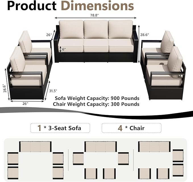 Outdoor Patio Furniture Set, 5-Piece Aluminum Patio Conversation Set All-Weather Metal Outdoor Sectional with 6 Inch Thick Cushions, Deep Setting for Garden, Outside and Porch