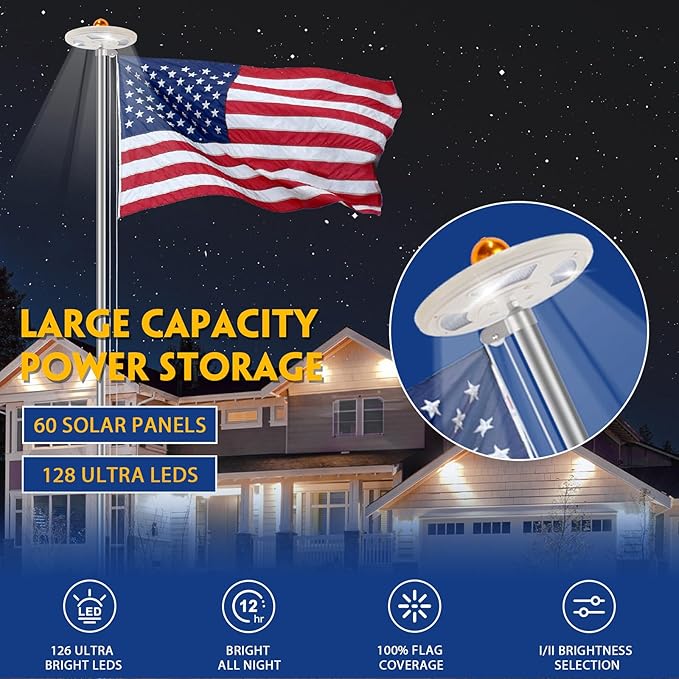 20FT Sliver Heavy Duty Flag Pole Kit with 3x5 Ft American Flag & Solar Light - 12 Gauge Aluminum Tubing, Resistance High Winds, Hardware Flagpole Set for Residential Commercial Outdoor Ready