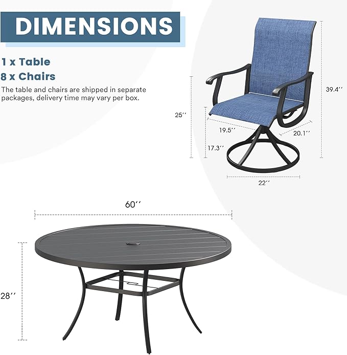 DIFY 9 Pieces Outdoor Patio Dining Set, 8 Blue Textilene Swivel Dining Chairs and 60" Black Round Metal Dining Table, Outdoor Table and Chairs