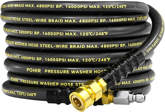 3/8" Pressure Washer Hose 25ft 4800PSI, Power Washer Hose Steel Wire Braided with Swivel Quick Connect, Commercial Grade Industrial High Pressure Water Washing Hose (4800PSI, 25FT)