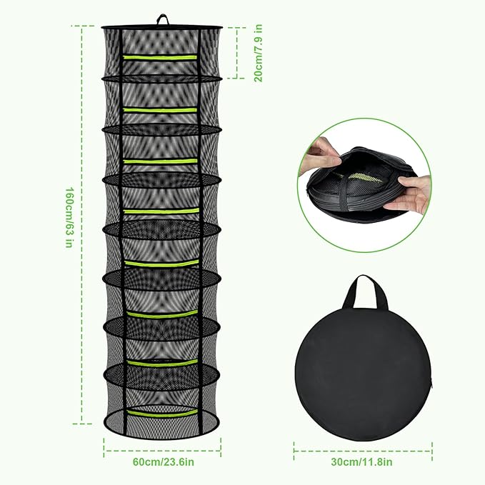 8 Layer Large Capacity Herb Drying Rack, Collapsible Hanging Mesh Net with Green Zipper, Hooks & Bonus Garden Scissors, Bulk Drying for Fresh Herbs, Flowers & Plants – Indoor Outdoor (23.62")