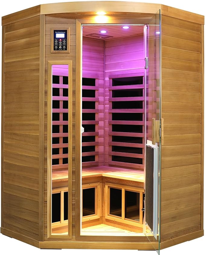 2-3 Person Corner Far Infrared Sauna for Home, 1760W Ultra-Low EMF（0-1mG） Indoor Red Cedar Wood Sauna Room with 8 Heating Panels, Dual Control Panel, Bluetooth Speaker & Chromotherapy Lights