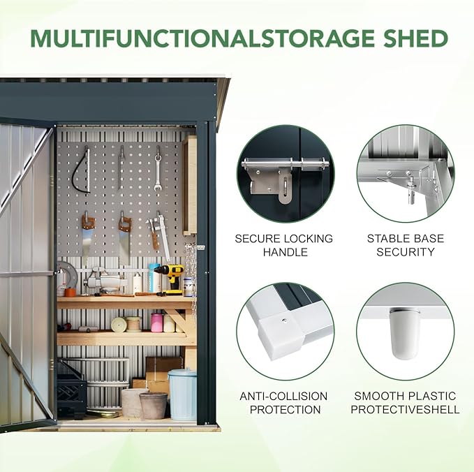 Breezz 5x3FT Vertical Outdoor Steel Storage Shed with Floor Frame, Lockable Doors, Compact Metal Tool Shed for Garden, Backyard, Patio, Utility, and Bike Storage