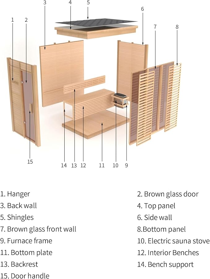Outdoor Corner Steam Sauna, Canadian Hemlock Saunas 3-4 Person, 6KW ETL Toule Heater, 220V,Broad Bench, Glass Wall Sauna, Waterproof System, Asphalt Shingles,Right Door(0-195℉)