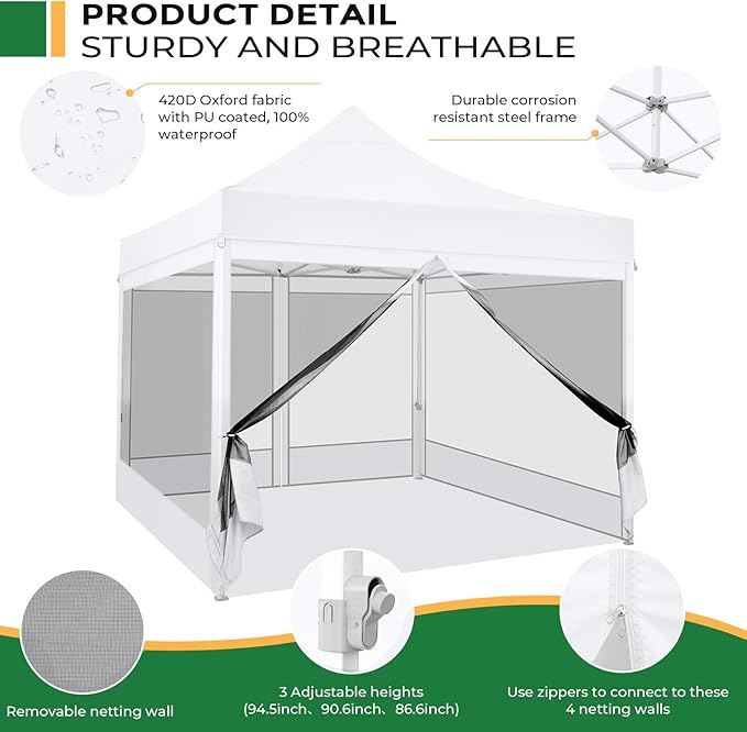 COBIZI 10x10 Heavy Duty Pop Up Canopy with 4 Mosquito Netting Wall, Easy Set Up Commercial Gazebo Party Tent, Outdoor Instant Screen Canopy for Backyard, Patio, Garden, White