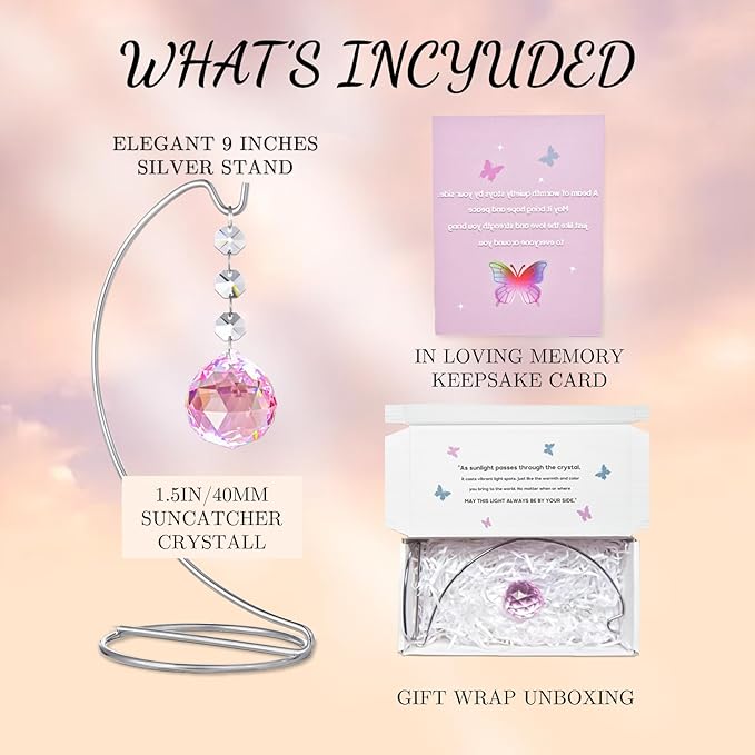 Grief Gifts for Women,40mm Crystal Suncatcher 9-inch Silver Stand with a Greeting Card,in Memory of Loved One Gifts,Memorial for Daughter
