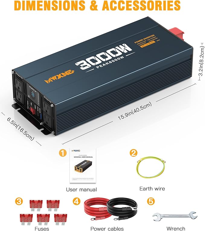3000W Inverter DC 12V to AC 120V for Vehicles, Car Converter with 4 AC Outlets,PD30W/QC3.0 Quick Charging USB Ports Power Inverter with LCD Display - Navy Blue/Black