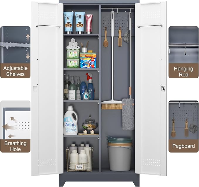 GREATMEET 72.8" Broom Storage Cabinet, Utility Cabinets for Brooms and Mops, Metal Storage Cabinets for Cleaning Supplies, Utility Closet for Garage, Grey&White