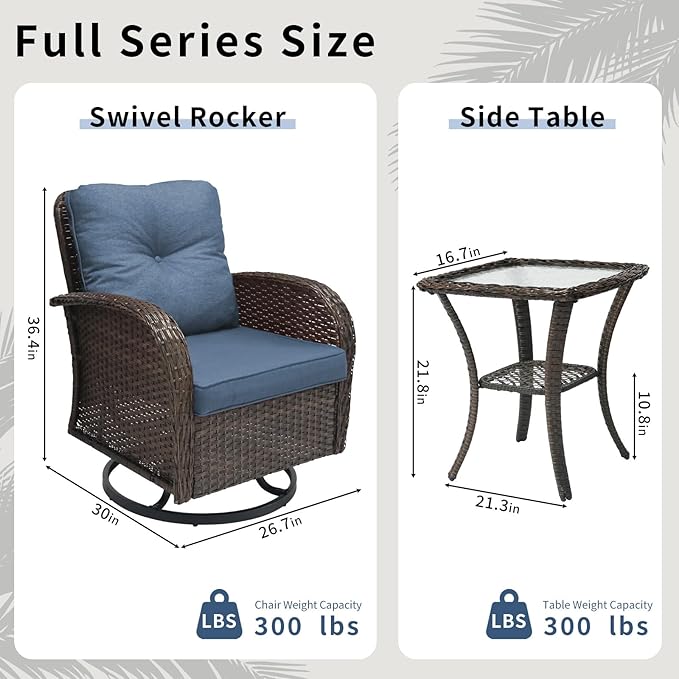 3 Pieces Patio Furniture Set, Outdoor Swivel Rocking Chair Set of 2 with Side Table - 360° Swivel, Thick Cushions, All-Weather Bistro Set for Deck, Porch, Pool(Navy, Brown Full-Weave Rattan)