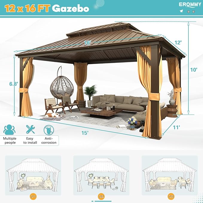 EROMMY 12'x16' Gazebo Hardtop, Galvanized Steel Double Roof Metal Gazebo with Aluminum Frame, Permanent Outdoor Pavilion with Curtain and Netting for Patio, Lawn and Garden, Brown