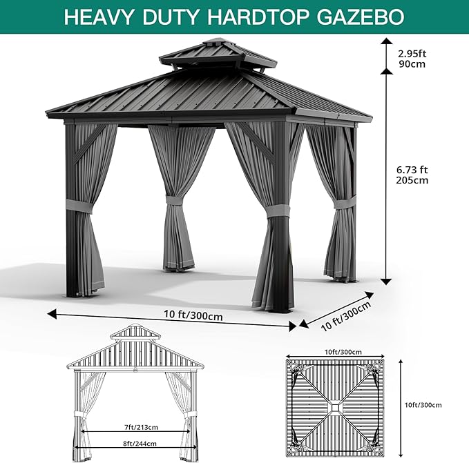 Outdoor Gazebos Canopy 10 x 10 ft Permanent with High Strength Aluminum Frame, Iron Double-Roof, Pavilion with Curtain and Netting for Patio, Lawn, Deck, Garden