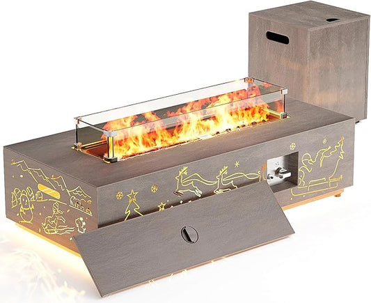 42" Outdoor Fire Pit Table, 50,000 BTU Gas Fire Pit with Glass Wind Guard, Fire Stones, Waterproof Cover, Propane Fire Pit Table for Outside Patio Hollow-Out (Elk, Brown)