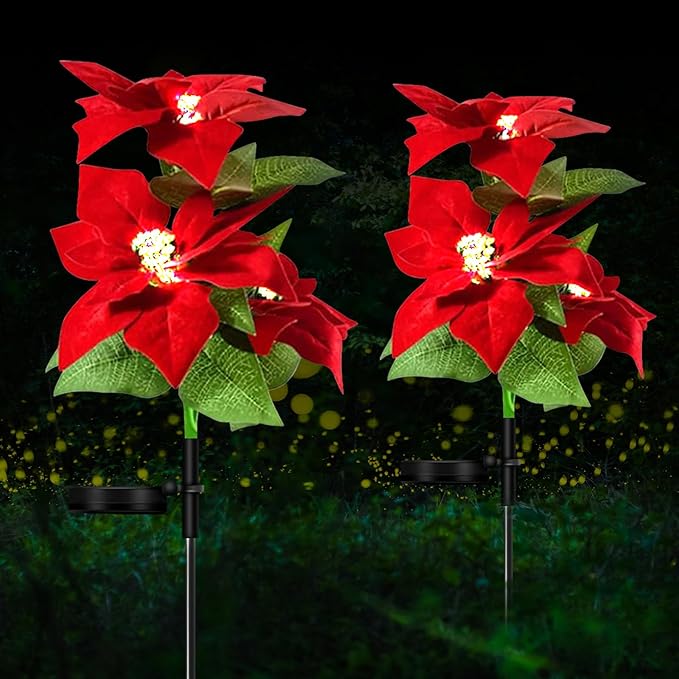 Aolyty Solar Garden Lights, IP65 Waterproof Solar Flowers Lights Landscape Lighting Simulation Poinsettia LED Light for Pathway, Garden, Patio, Yard, Lawn Outdoor Decorative (2 Pack)