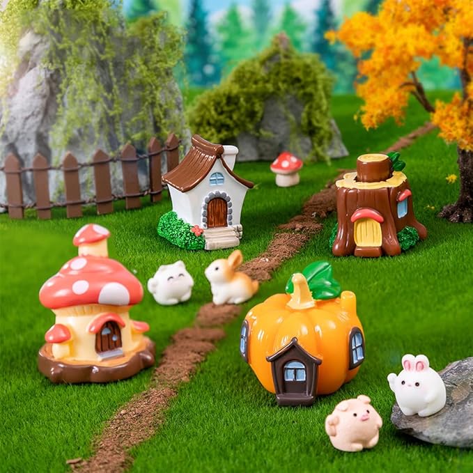 4 PCS Mini House Figurines, Miniature Village Hut Figurine, Fairy Garden Cottage Micro Landscape Ornaments Accessories for Bonsai, Succulent Planting, Flower Pots (4pcs)
