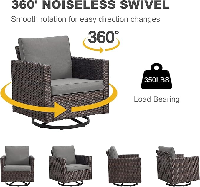 Wicker Patio Furniture Set, 6 PCS Outdoor Patio Furniture Set with Swivel Chairs, Includes 2 Swivel Patio Chairs, 1 Outdoor Couch, 1Side Table and 2 Ottoman, Brown/Grey