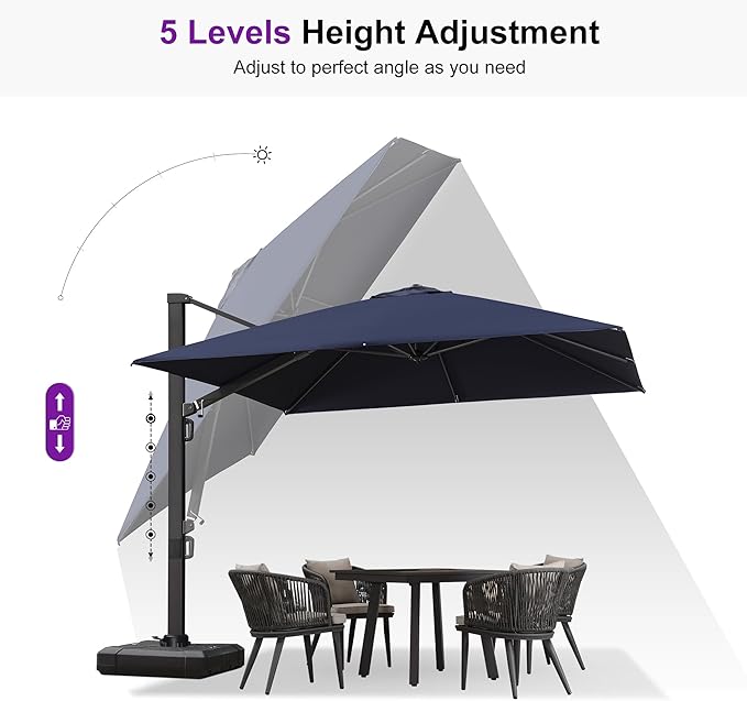 PURPLE LEAF 10 FT Cantilever Umbrella with Base Square Large Aluminum Outdoor Offset Patio Umbrella with 360° Rotation for Pool Garden Deck Backyard Navy Blue