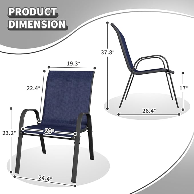 Patio Dining Chairs Set of 2, Stackable Dining Chairs High Back, Breathable Seat Fabric and Alloy Steel Frame Fit Backyard, Porch, Lawn，Poolside (Blue)