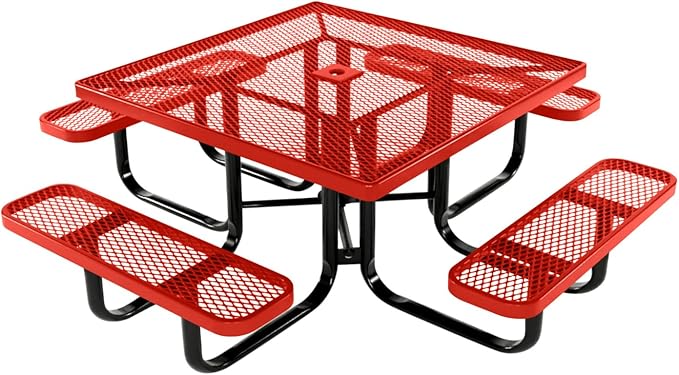COATEDOUTDOORFURNITURE Heavy-Duty Portable Outdoor Kids Table with Umbrella Hole, Expanded Metal Kids Picnic Table, Commercial-Grade, Made in America (46 in, Square, Childrens, Red)
