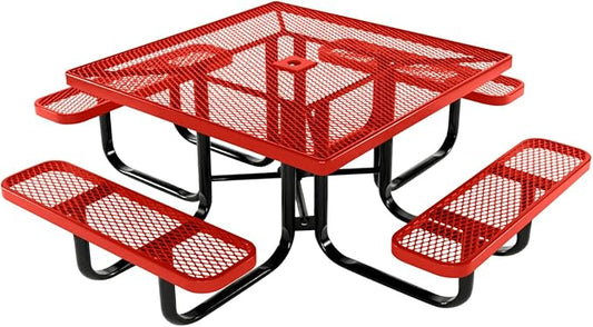 COATEDOUTDOORFURNITURE Heavy-Duty Portable Outdoor Kids Table with Umbrella Hole, Expanded Metal Kids Picnic Table, Commercial-Grade, Made in America (46 in, Square, Childrens, Red)