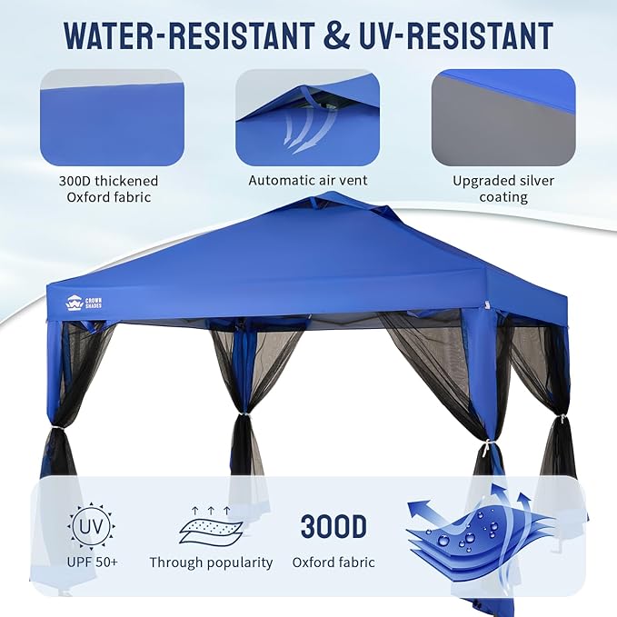 CROWN SHADES Gazebo 10x10 Pop Up Canopy with Mosquito Netting, Screen Tent with 4 Ropes, 8 Stakes, 4 Sandbags and Wheeled Storage Bag, Canopy for Patio & Backyard, Blue