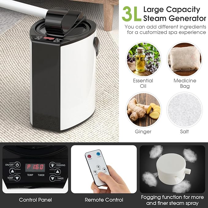 COSTWAY Portable Steam Sauna, Personal Home Sauna Tent w/ 3L Steam Generator, Foldable Chair, Remote Control, 9-Level Adjustable Temperature, Timer, Full-Size Indoor Steam Room for Home Spa (Black)