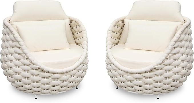 Patio Accent Chairs Set of 2: Aluminum Porch Lounge Chair with Arms - Woven Rope Cushioned Armchair - Modern One Seater Sofa - Outdoor Deck Furniture for 400lbs Balcony Yard Garden Hotel, Beige
